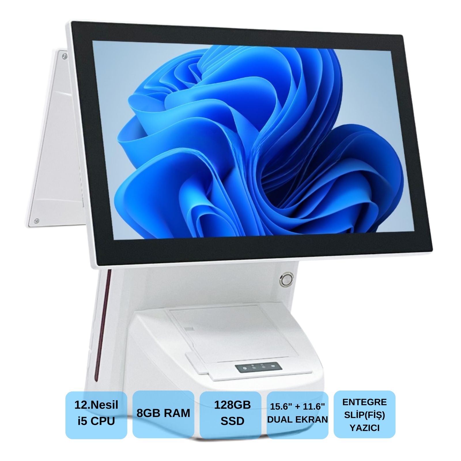 Iromx Bp-1215W11 i5 12.Gen 8Gb 256Gb 15.6+11.6" Wifi/Dahi̇li̇ Sli̇p Yazicili Beyaz Endüstri̇yel Pos PC
