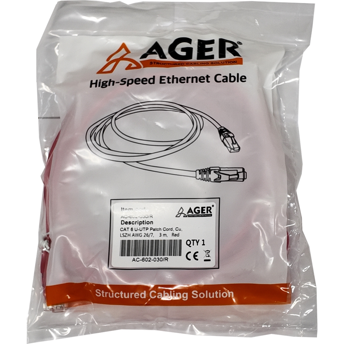 Ager Ac-602-030 3 Mt Utp Cat6 Patch Kablo Kirmizi Cu, Lszh Awg 26/7