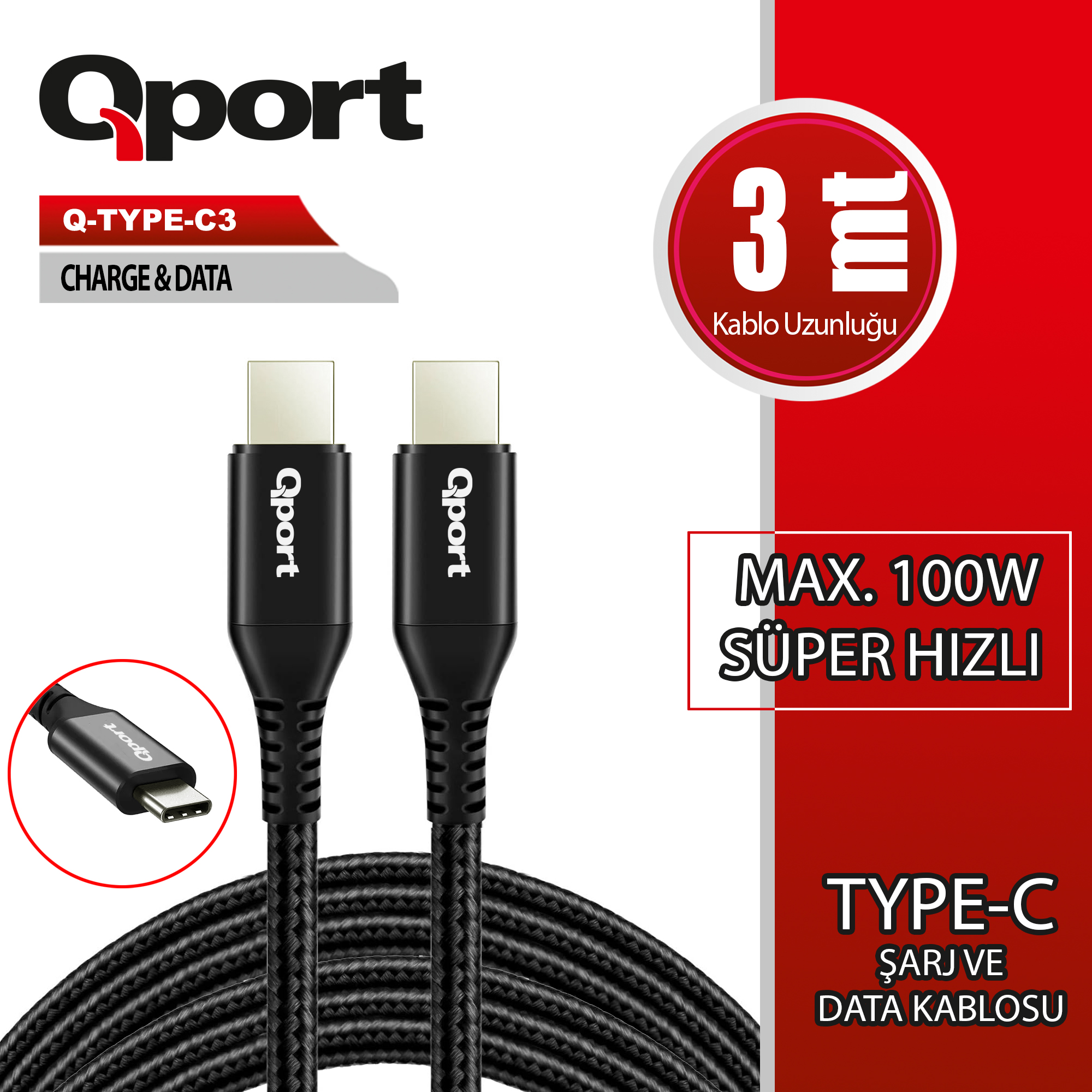 Qport Q-Type-C3 3M Type-C 100W Şarj Ve Data Kablosu