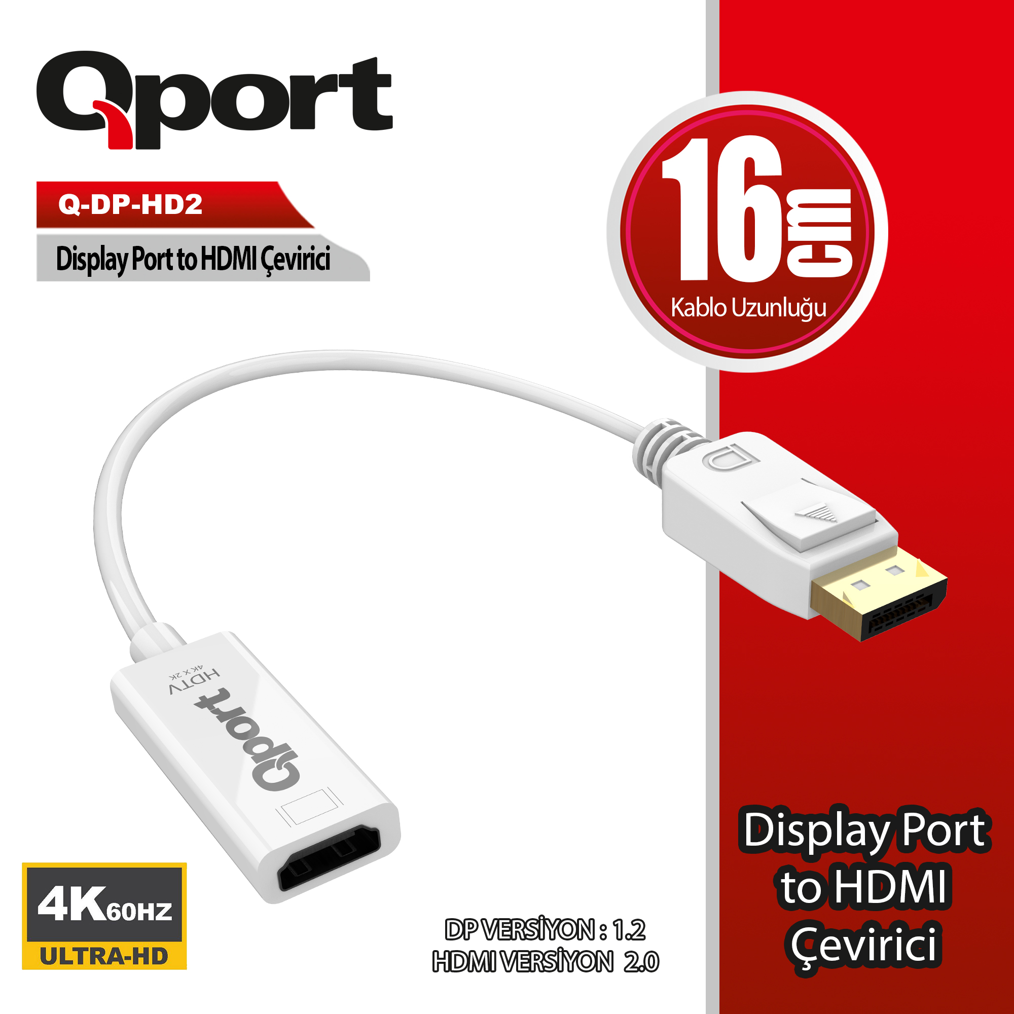 Qport Q-Dp-Hd2 Display To Hdmi 4K Çevi̇ri̇ci̇ Adaptör