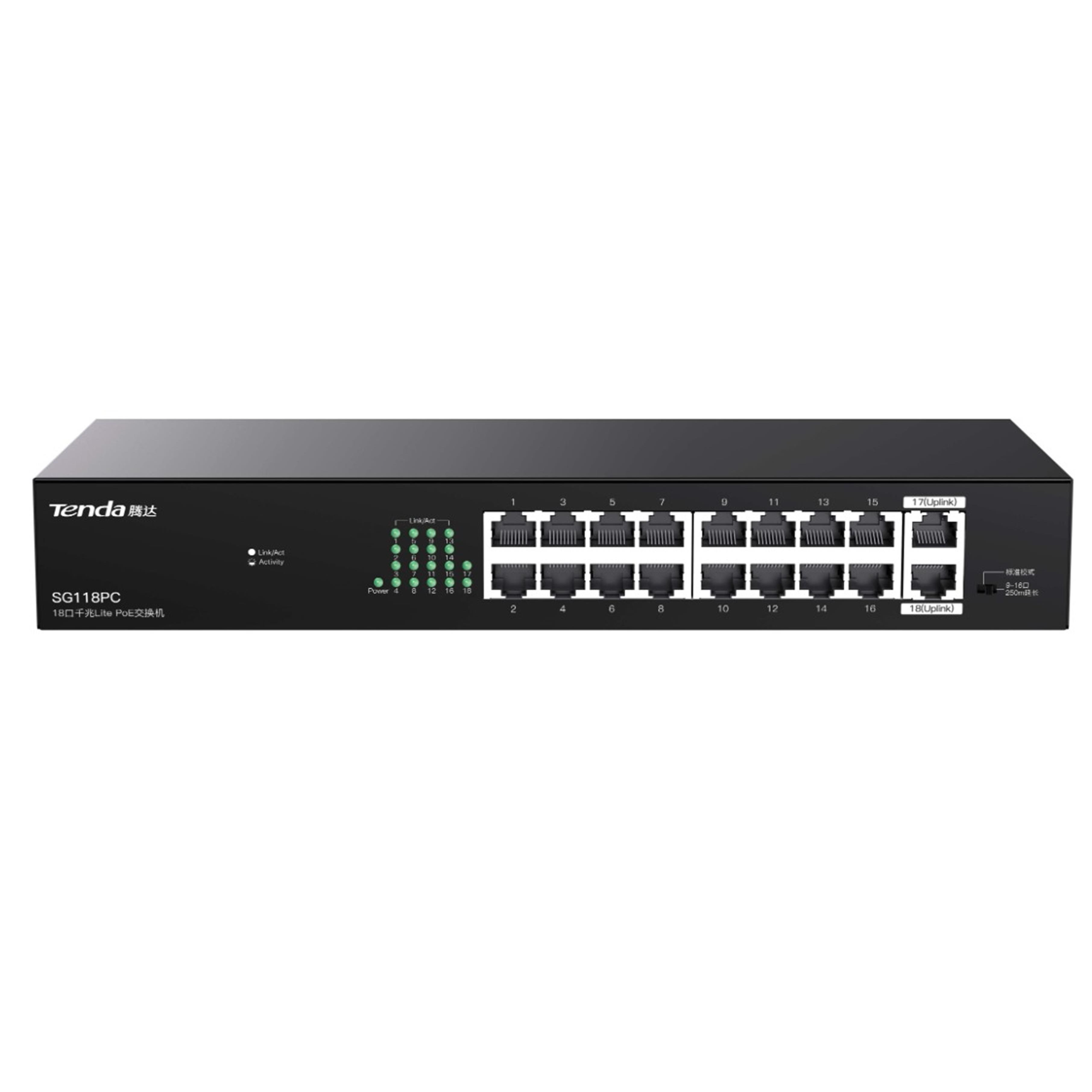 Tenda Sg118PC 18 Port 10/100/1000 16 Port Poe 2 Port Uplink 167W Yonetilemez Desktop Switch