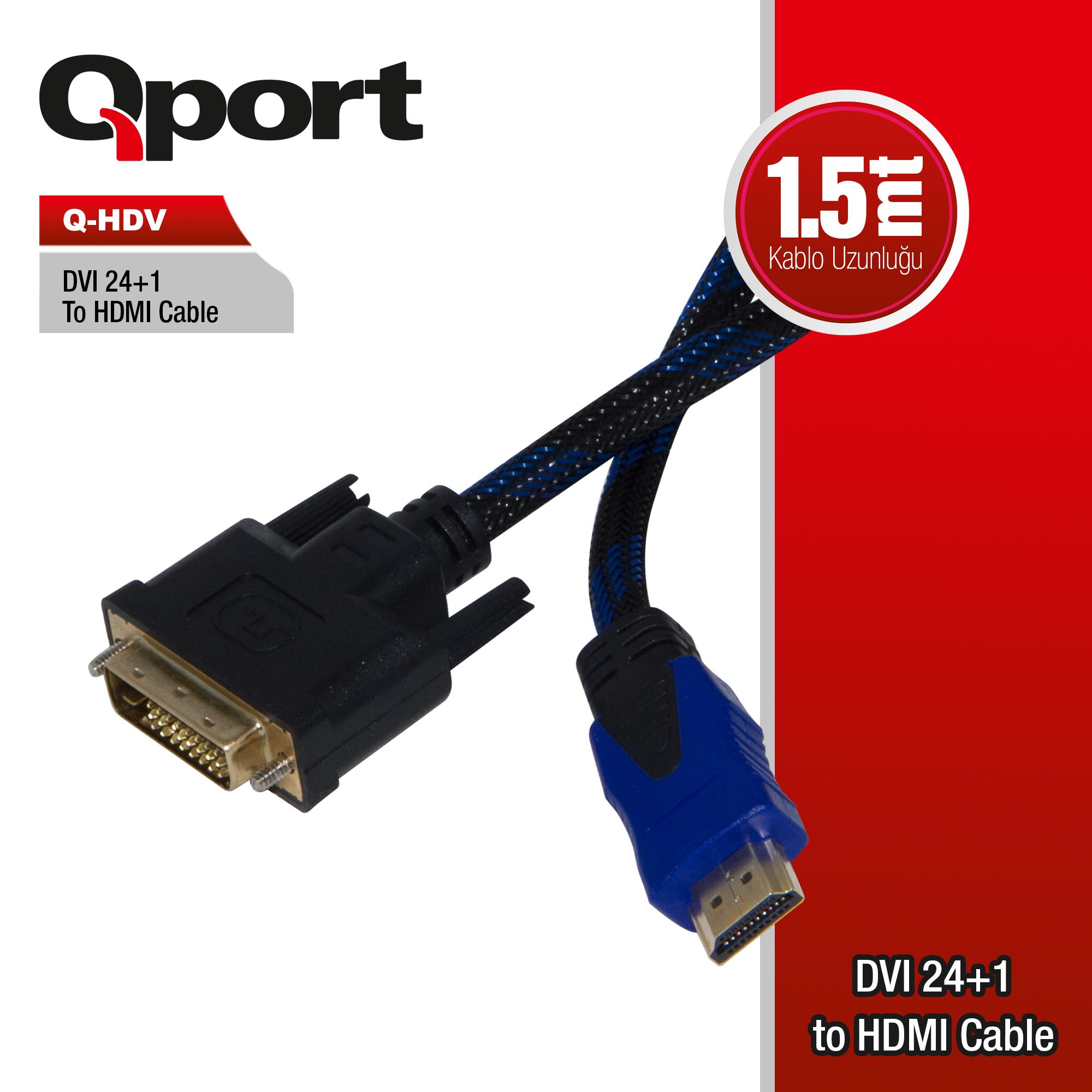 Qport Q-Hdv Dvi 24+1 To Hdmi 1.5Mt Çevi̇ri̇ci̇ Kablo