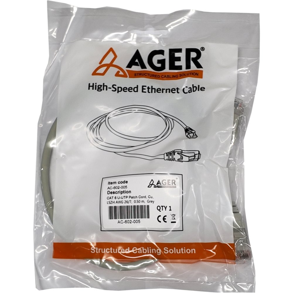 Ager Ac-602-0025 25Cm Utp Cat6 Patch Kablo Gri Cu, Lszh Awg 26/7