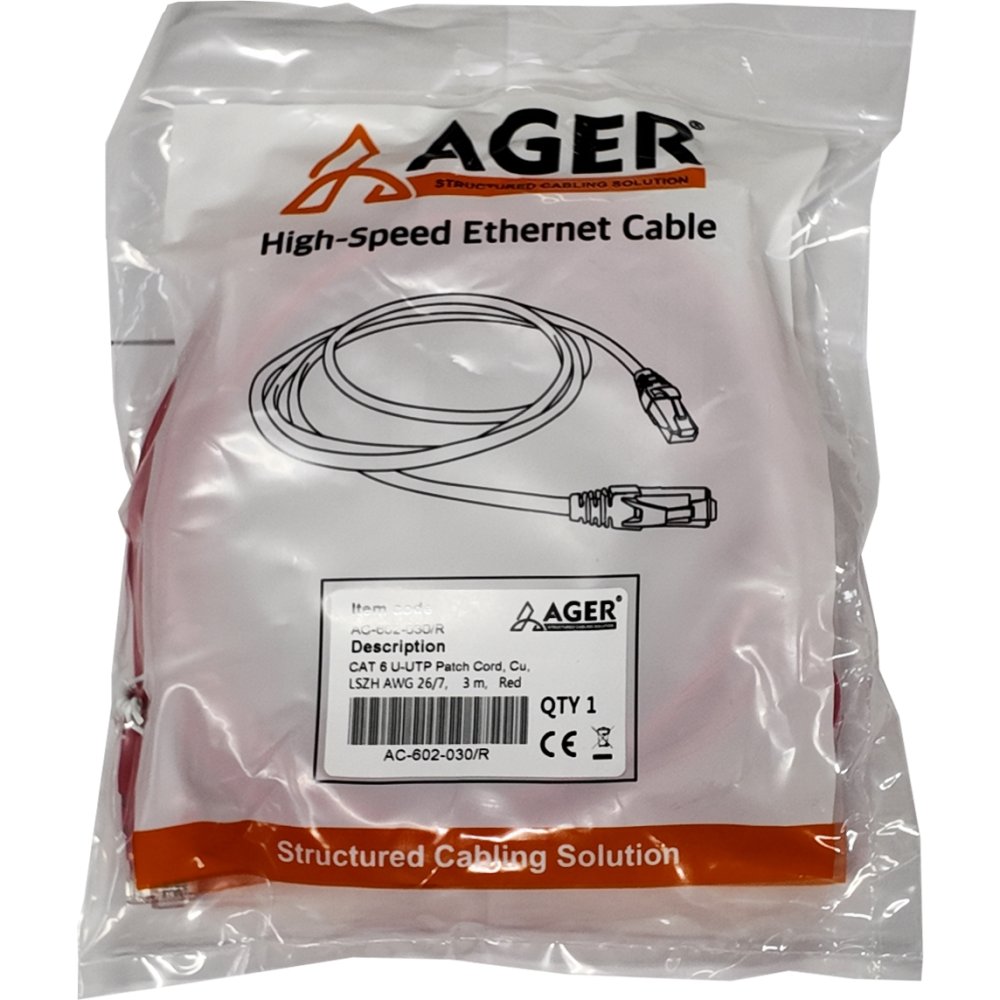 Ager Ac-602-030 3 Mt Utp Cat6 Patch Kablo Kirmizi Cu, Lszh Awg 26/7