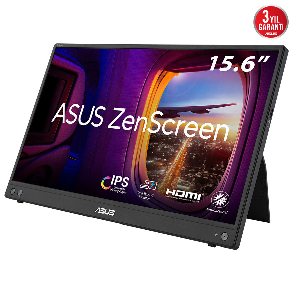 Asus Zenscreen Mb16Ahv 15.6 IPS 1920X1080 5Ms 60Hz 250Cd Usb-C 3Yil Mat Ekran, Usb-C To A Adaptor, Düşük Mavi̇ Işik, Antibakteri̇yal Kaplama  Taşinabi̇li̇r Usb Monitor