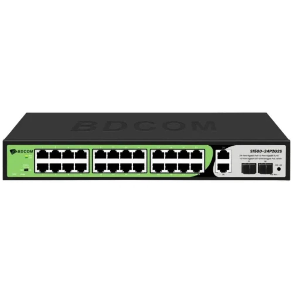 Bdcom S1500-24P2G2S-370W 24 Port 10/100/1000 24 Port Poe 2 Port Uplink +2 Sfp 370W Yonetilemez Rack Mount Switch