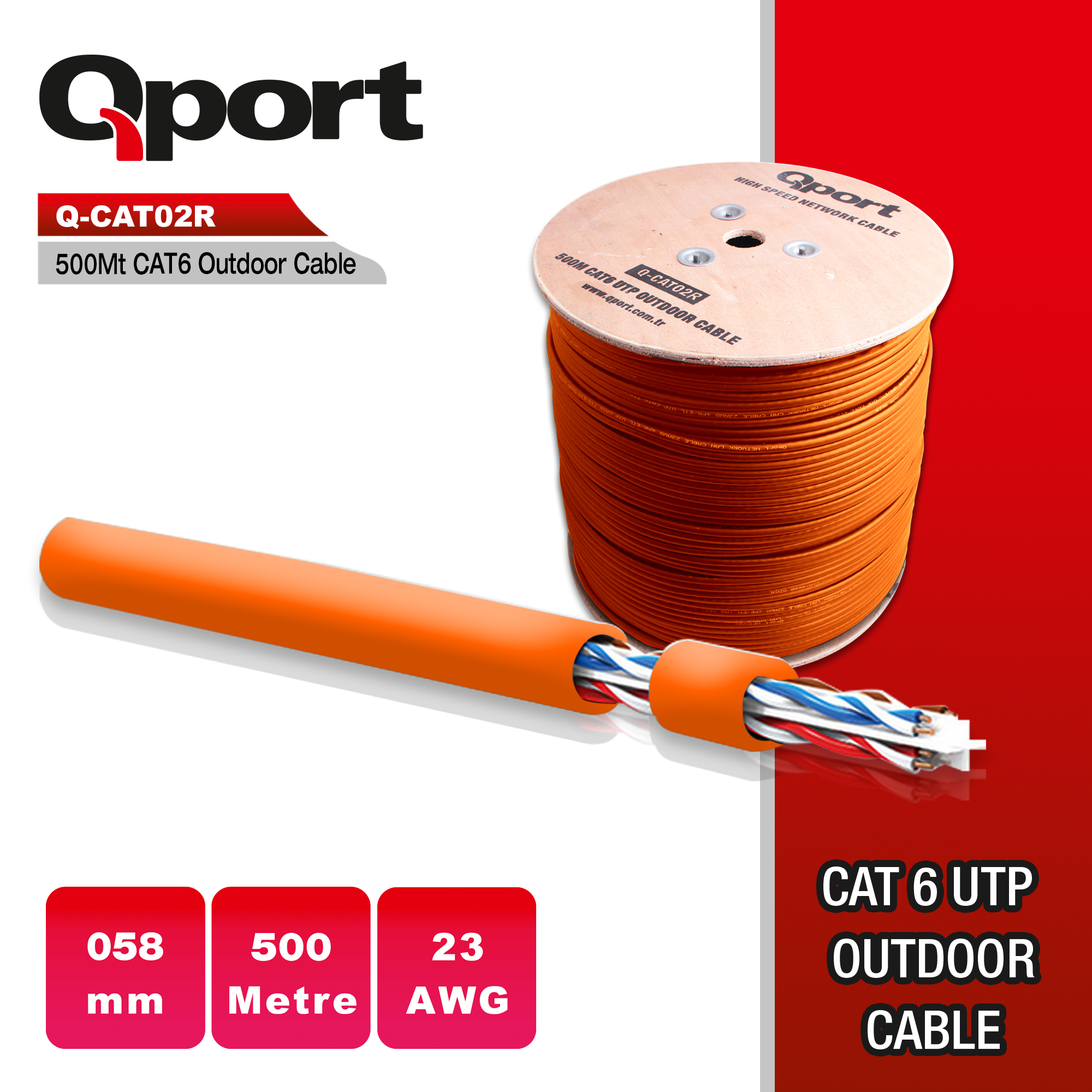 Qport Q-Cato2R 500Mt Utp Cat6 Outdoor Network Kablo Turuncu 23Awg 0.58Mm
