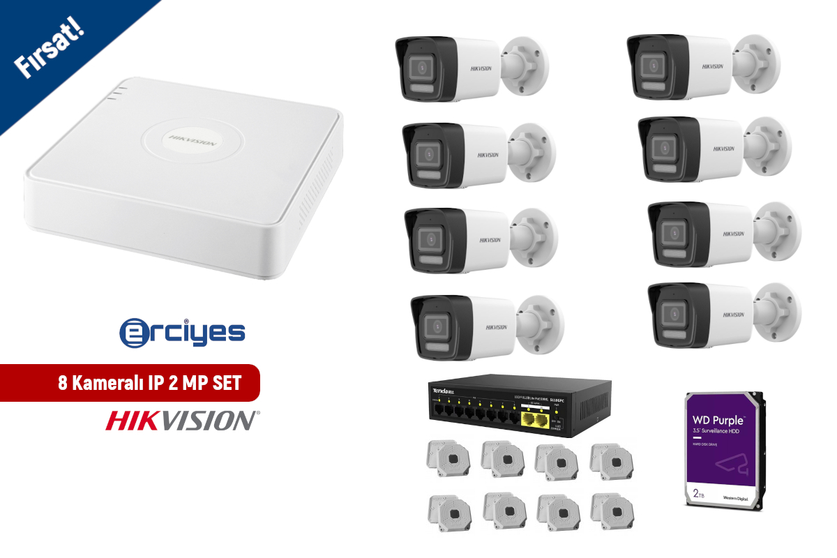 hikvision 8 kameralı 2mp 2.8 ip güvenlik kamera seti
