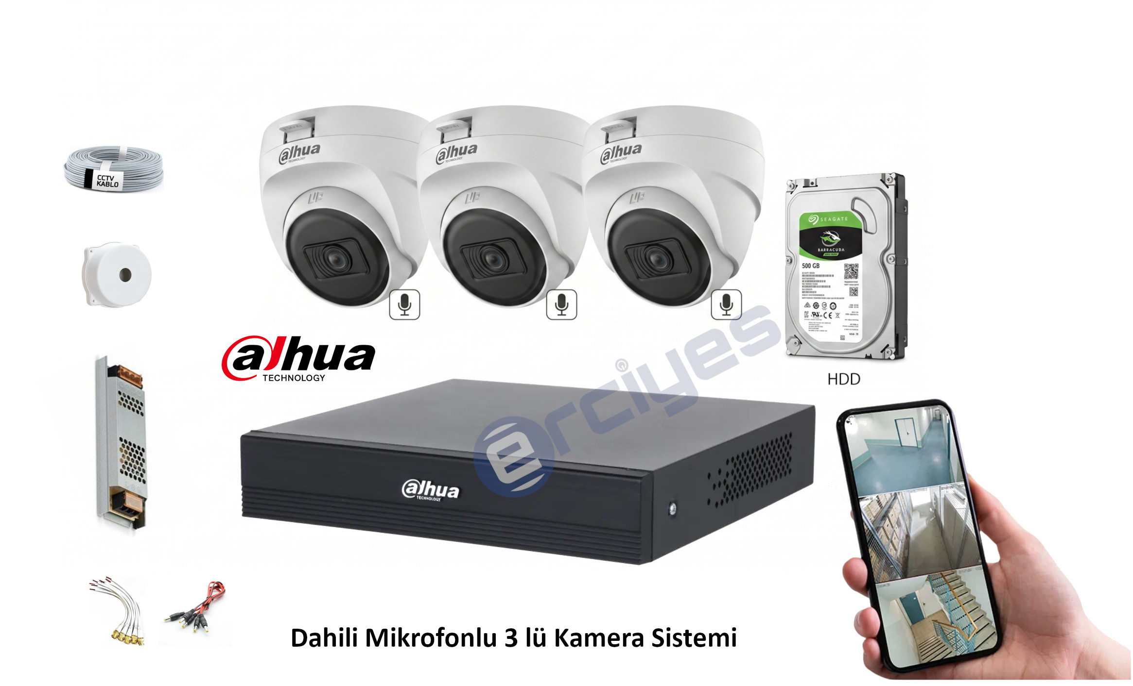 Dahua Dahili Mikrofonlu 3 Kameralı Hdcvi Güvenlik Kamera Seti