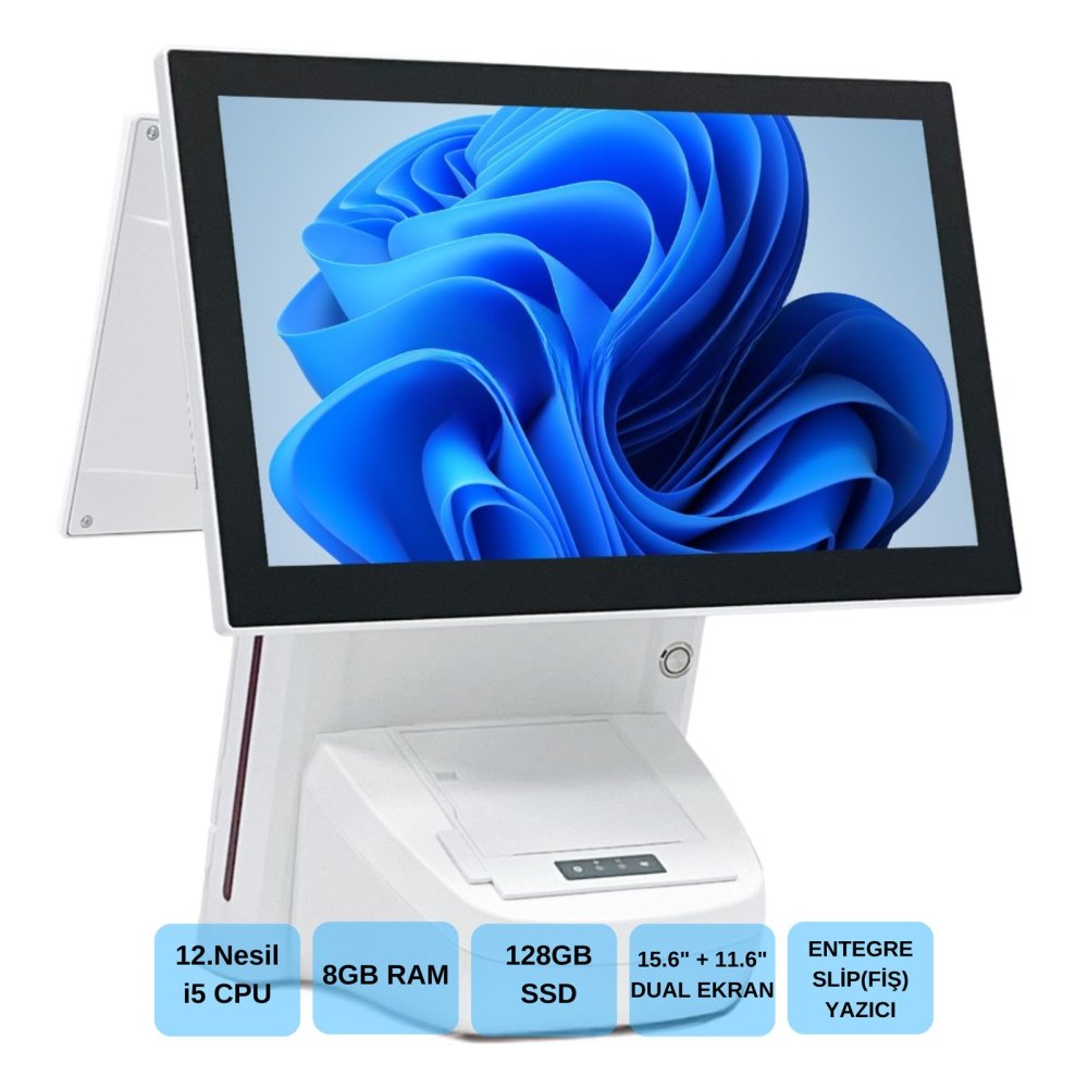 Iromx Bp-1215W11 i5 12.Gen 8Gb 256Gb 15.6+11.6 Inch Wifi/Dahi̇li̇ Sli̇p Yazicili Beyaz Endüstri̇yel Pos PC