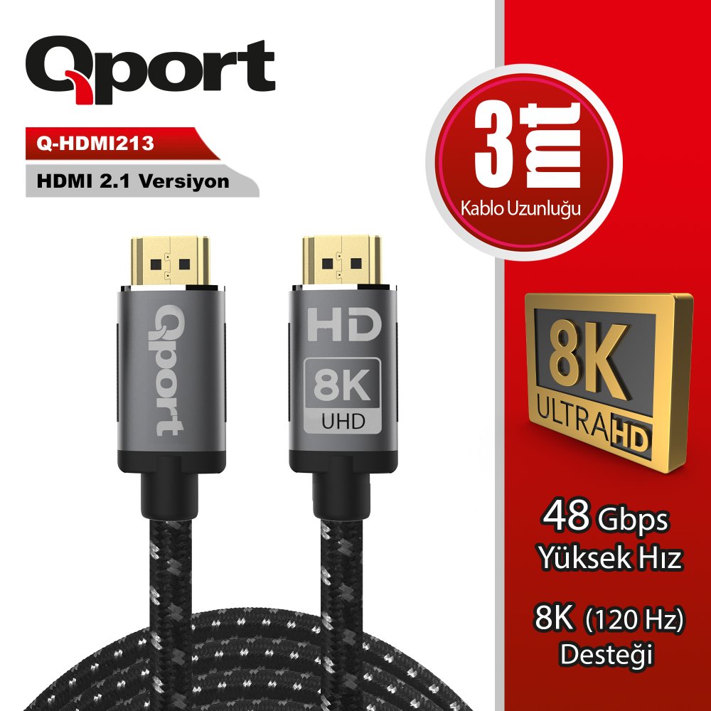 Qport Q-Hdmi213 Hdmi Kablo 3 Mt 2.1V 8K Altin Uçlu Örgülü