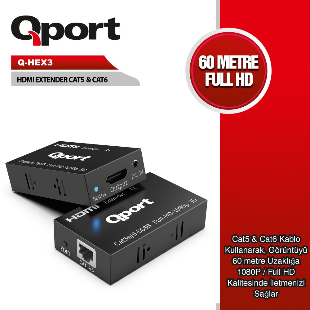 Qport Q-Hex3 Cat6 60Mt (2Li̇) Hdmi Extender