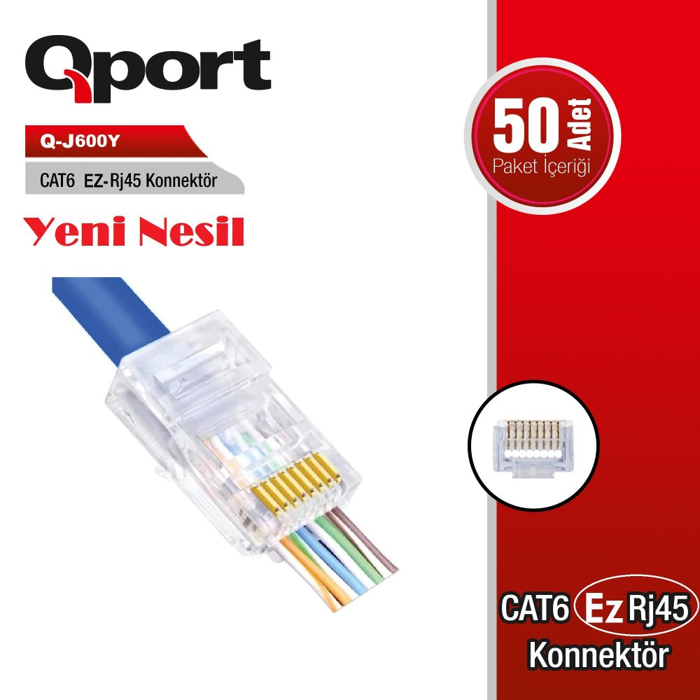 Qport Q-J600Y Ez-Plug Yeni̇ Nesi̇l Cat6 Rj45 Konnektör 50'Li̇