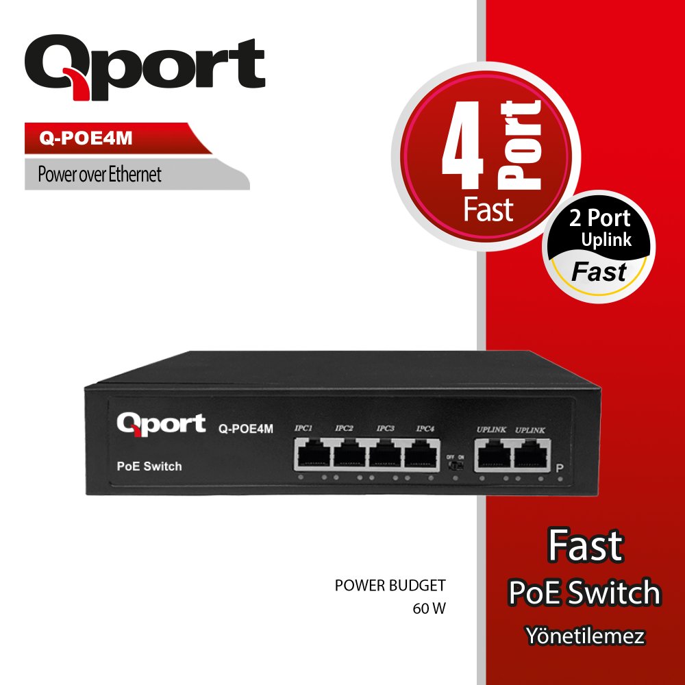 Qport Q-Poe4M 4 Port 10/100 4 Port Poe 2 Port Uplink 60W Yonetilemez Desktop Switch