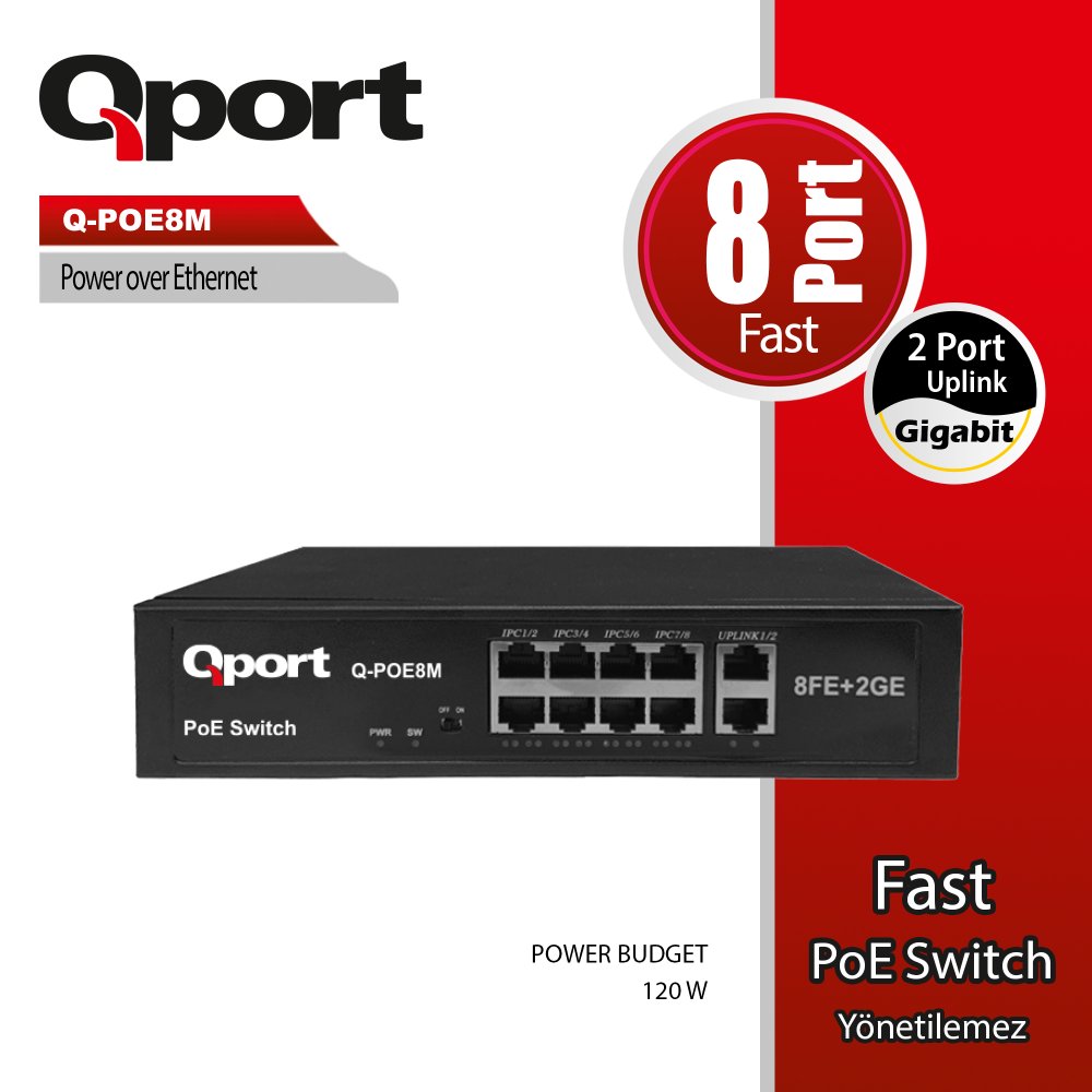 Qport Q-Poe8M 8 Port 10/100 8 Port Poe 2 Port Uplink 120W Yonetilemez Desktop Switch