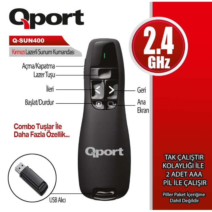Qport Q-Sun400 2.4 Ghz Kirmizi Lazerli̇ Kablosuz Presenter Si̇yah