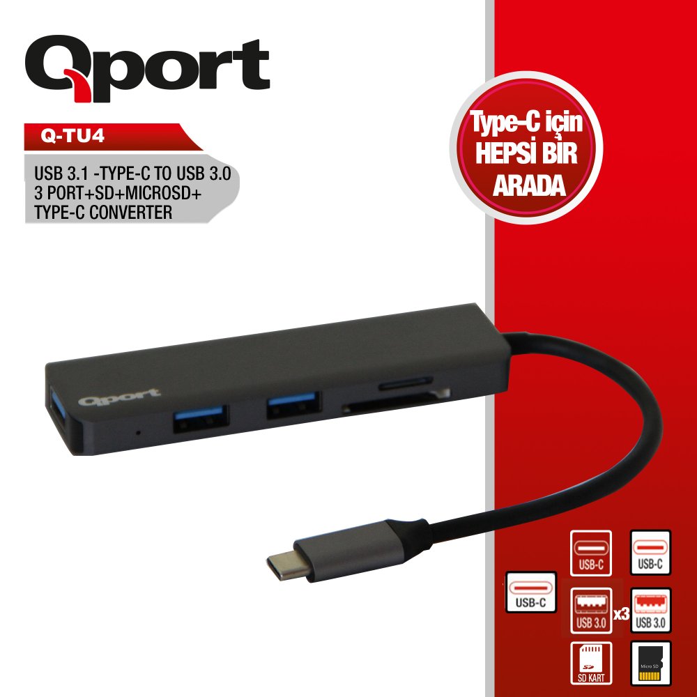 Qport Q-Tu4 Type-C To 3Xusb3.0+Microsd Çevi̇ri̇ci̇ Adaptör