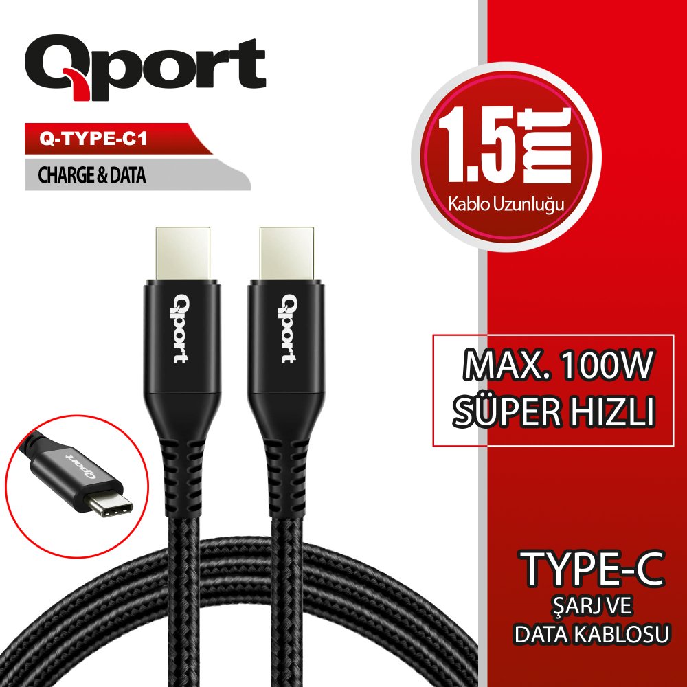 Qport Q-Type-C1 1.5M Type-C 100W Şarj Ve Data Kablosu