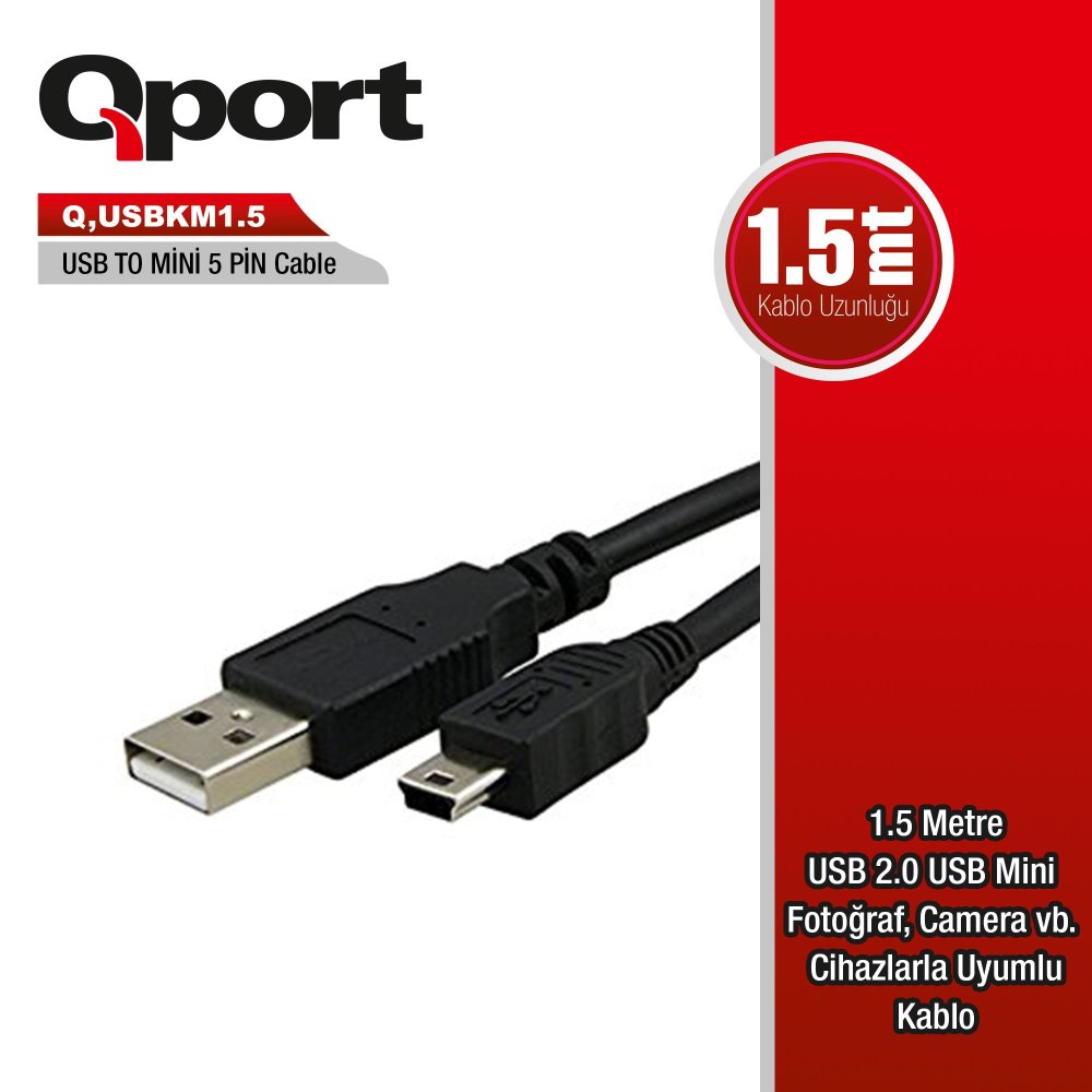 Qport Q-Usbkm1.5 Usb 1.5Mt Gsm Micro 5Pin Kamera/Data/Şarj Kablo Si̇yah