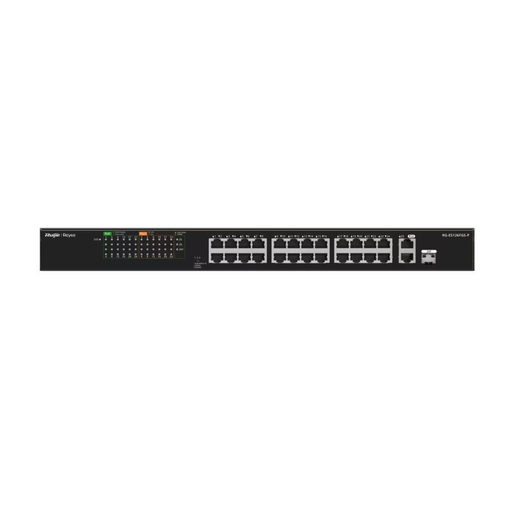 Ruijie Reyee Rg-Es126Fgs-P 24 Port 10/100 24 Port Poe 2 Port Uplink + 1 Sfp 370 Watt Yonetilemez Rack Mount Switch