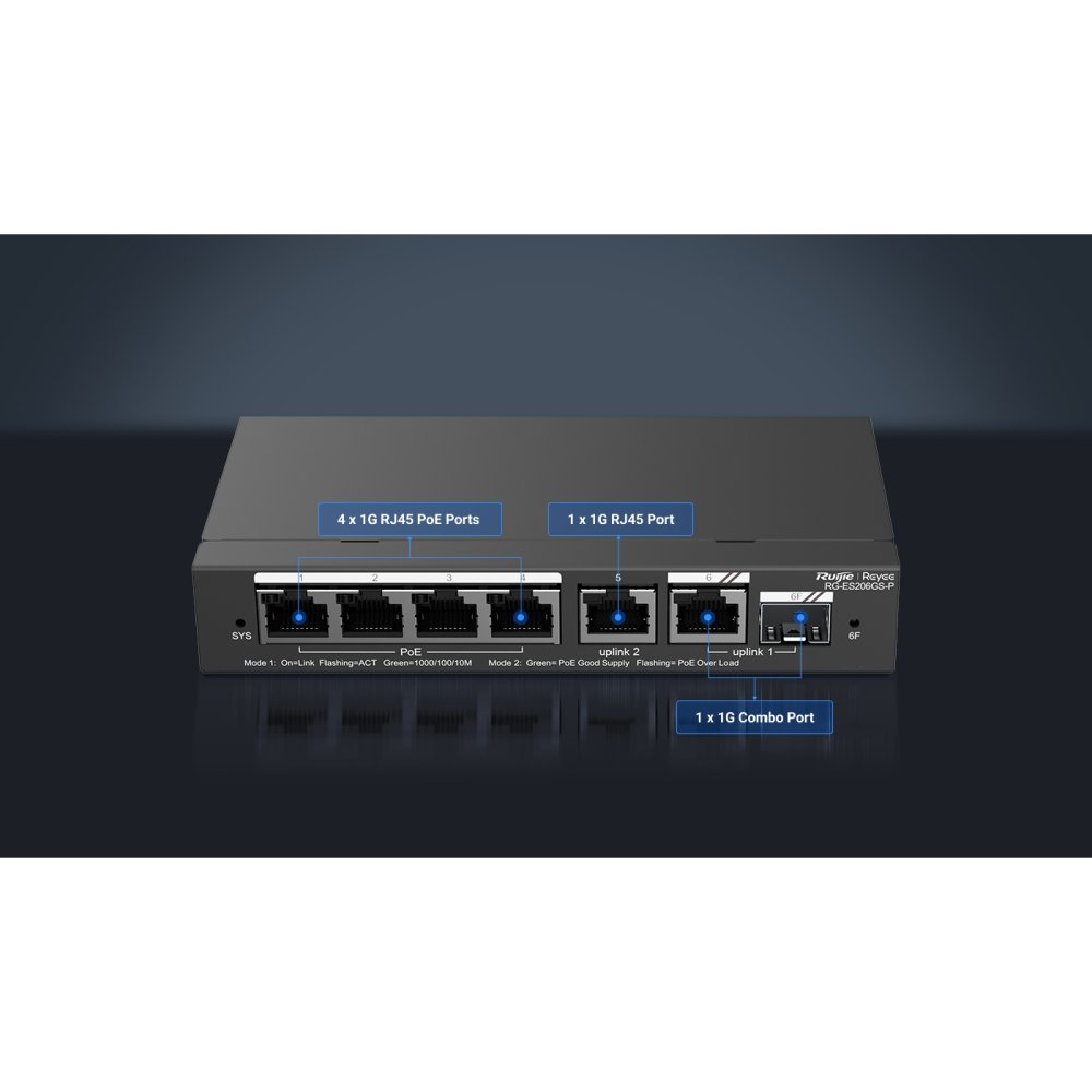 Ruijie Reyee Rg-Es206Gs-P 4 Port 10/100/1000 4 Port Poe+ 1Xge Uplink 1 X Sfp 54W Rujie Cloud Yonetilebilir Desktop Switc