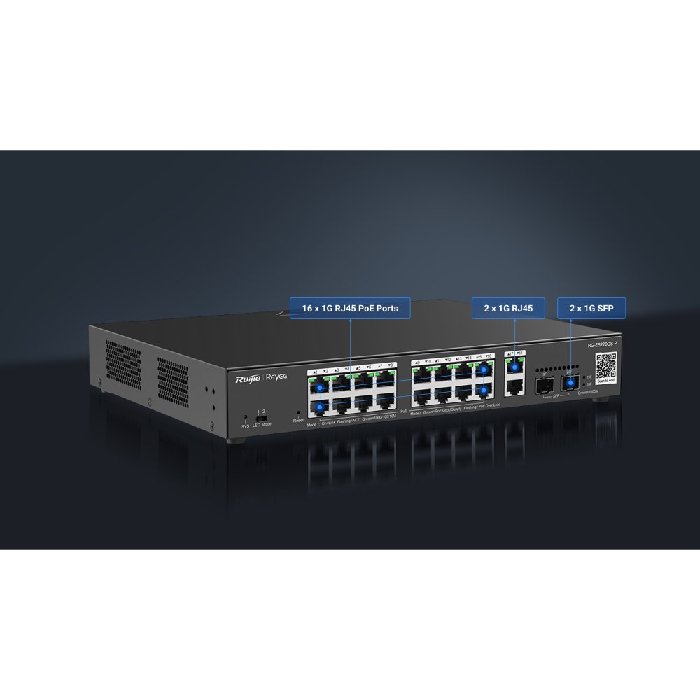 Ruijie Reyee Rg-Es220Gs-P 16 Port 10/100/1000 16 Port Poe 2 Port Uplink  2 Sfp 250W Cloud Yöneti̇lebi̇li̇r Rack Mount Switc