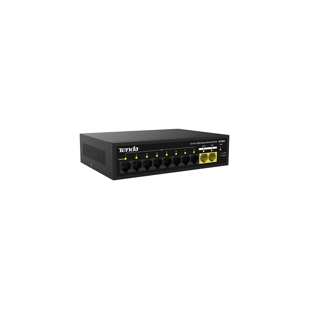 Tenda S110PC 10 Port 10/100 8 Port Poe 2 Port Uplink 80W Yonetilemez Desktop Switch