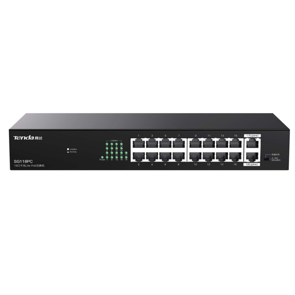 Tenda Sg118PC 18 Port 10/100/1000 16 Port Poe 2 Port Uplink 167W Yonetilemez Desktop Switch