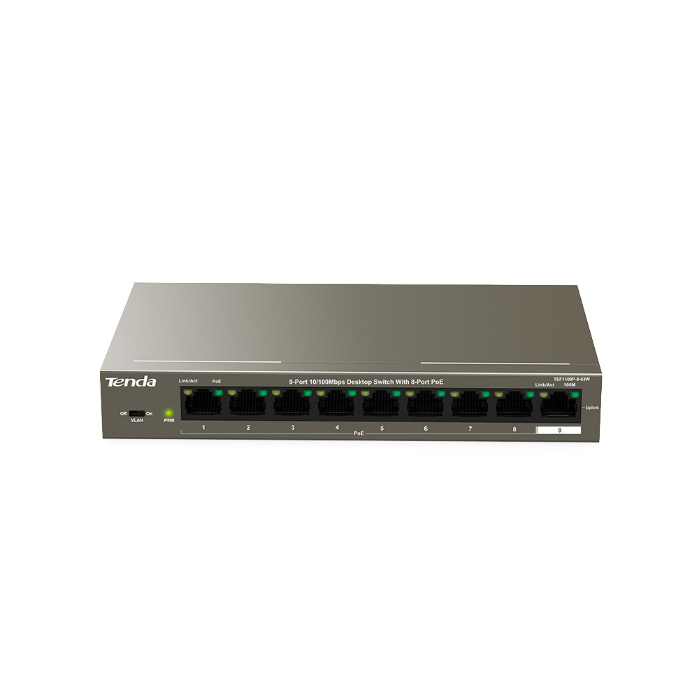 Tenda Tef1109P-8-63W 9 Port 10/100 8 Port Poe 63Watt Yonetilemez Desktop Switch