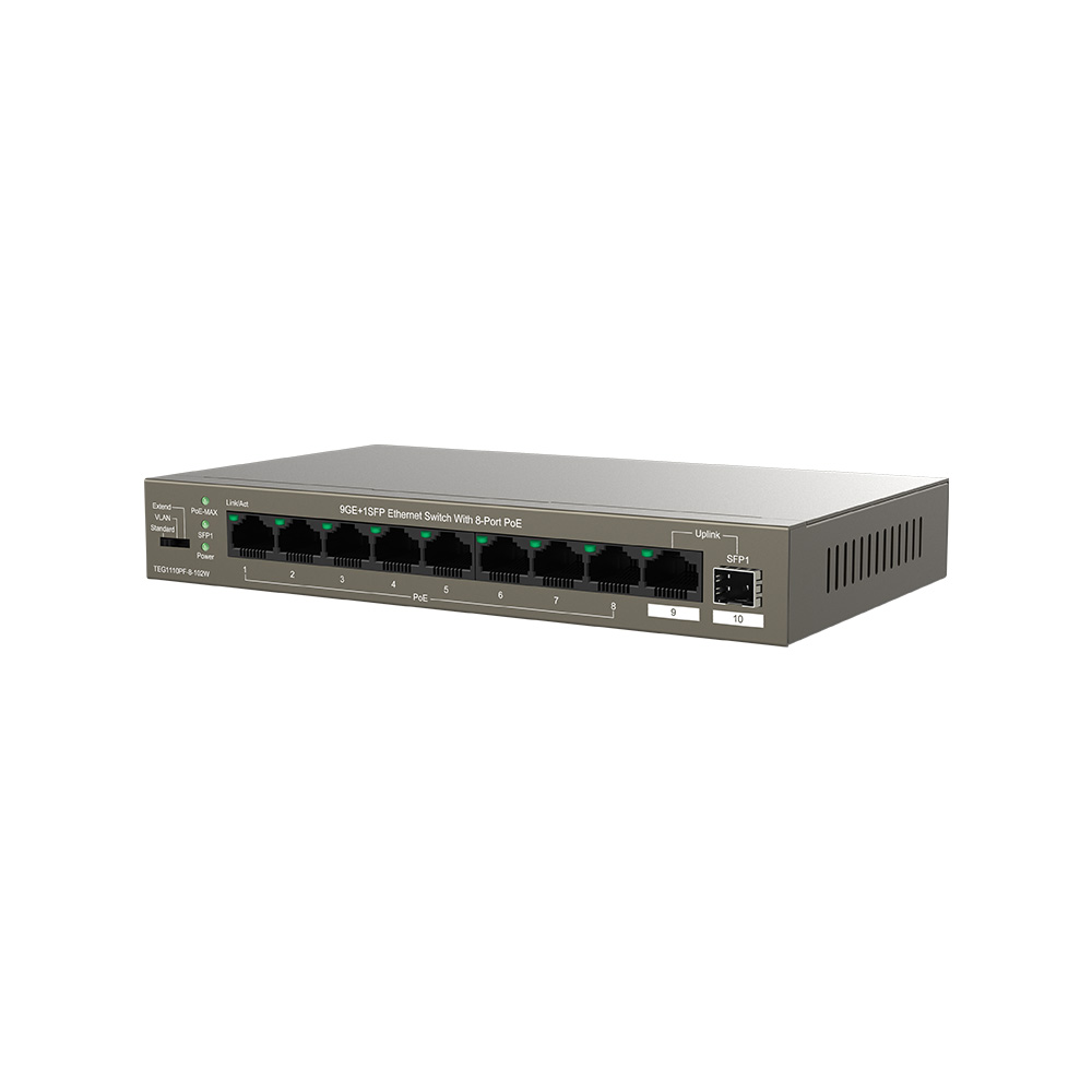 Tenda Teg1110Pf-8-102W 9 Port 10/100/1000 8 Port Poe 1 Port Uplink+ 1 Sfp 102W Yonetilemez Desktop Switch